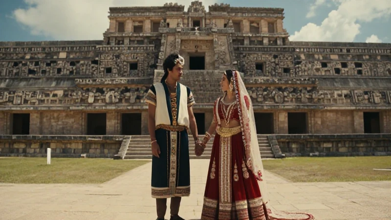 Novios mayas en majestuoso templo antiguo