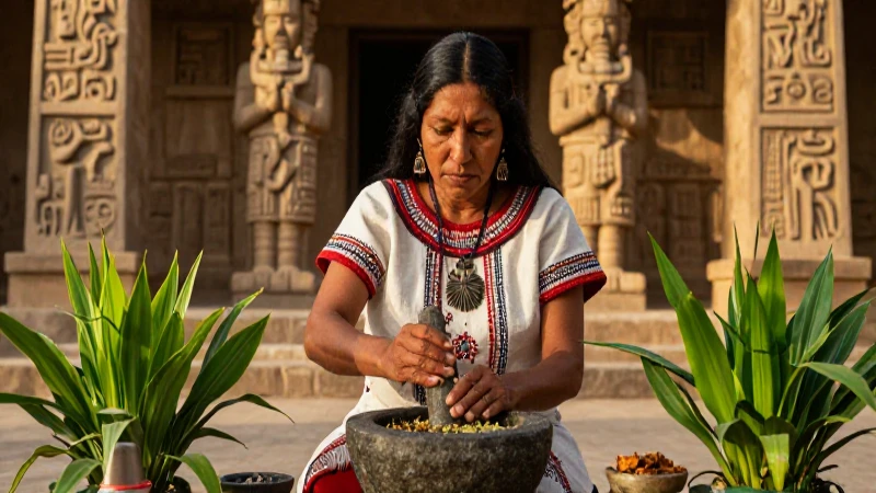 Cuál es la sabiduría de la brujería medicinal azteca 201 Curandera azteca en templo con hierbas medicinales