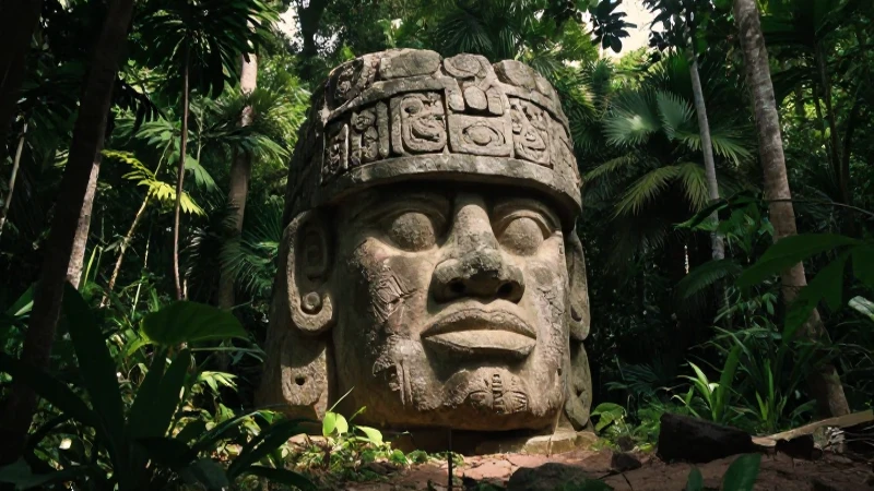 Melgar y Fuzier: El Misterio de la Cabeza Olmeca en Hueyapan 22 Cabeza olmeca colosal en selva tropical antigua