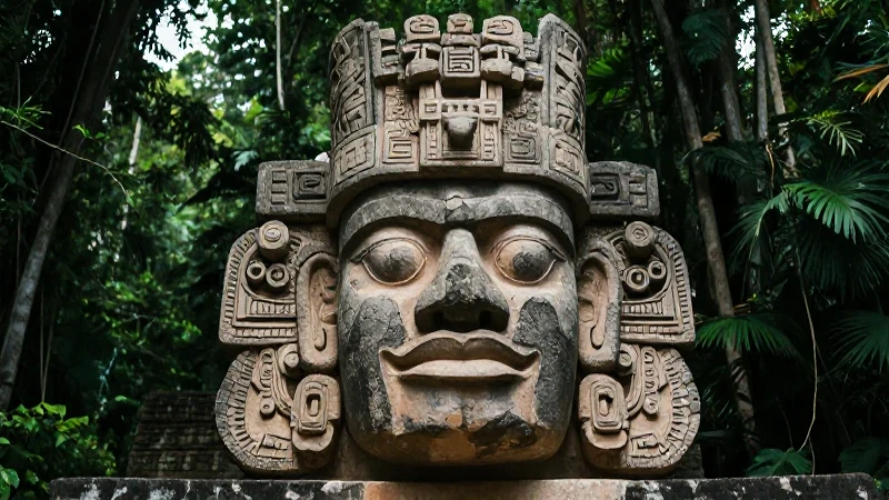 Cabeza maya antigua decorada en selva