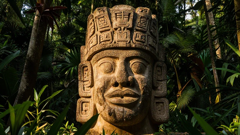 Cabeza Maya tallada en la exuberante selva