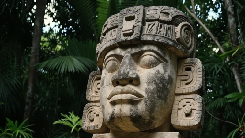 Cabeza maya de piedra con atmósfera histórica y dramática