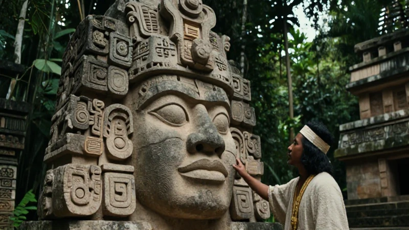 Sacerdote maya examina escultura ancestral en selva