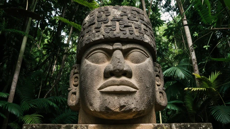 Cabeza Olmec de basalto en la selva