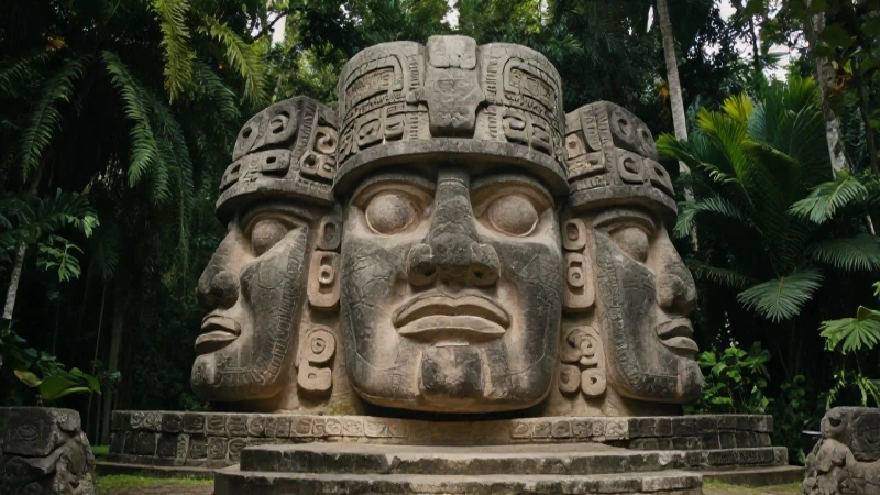 Cabeza olmeca majestuosa en exuberante selva mesoamericana