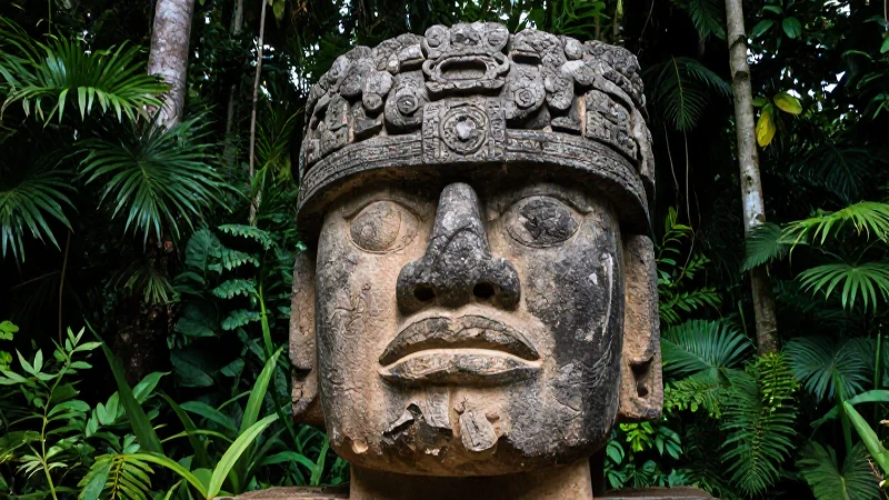Cabeza olmeca en selva mesoamericana dramática