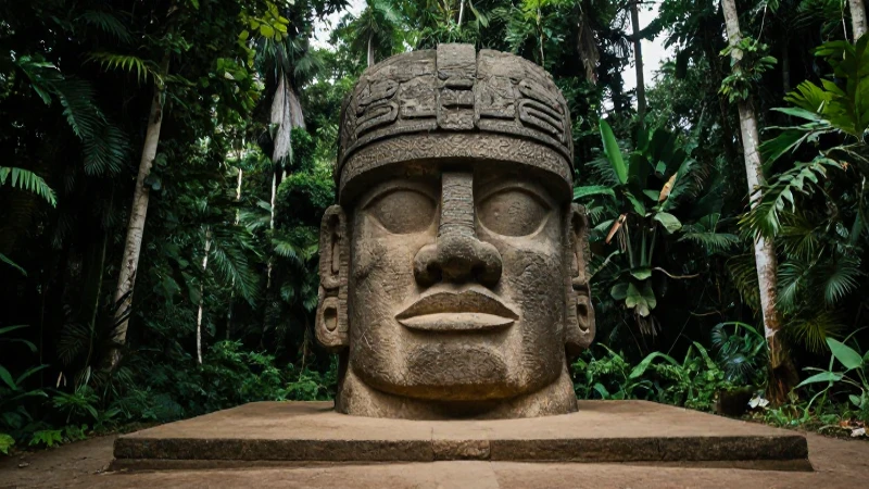 Cabeza olmeca de basalto en selva mesoamericana
