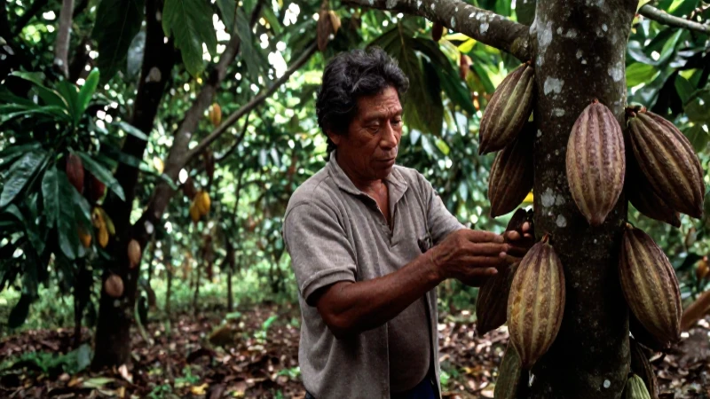 Indígena cultivando cacao bajo la sombra