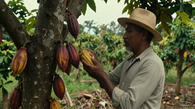 Agricultor inspectando cacao en plantación tropical