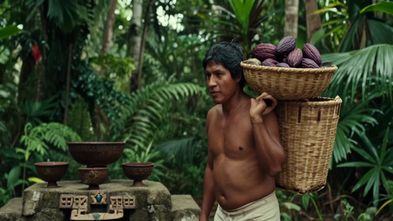Comerciante indígena transportando cacao ceremonial