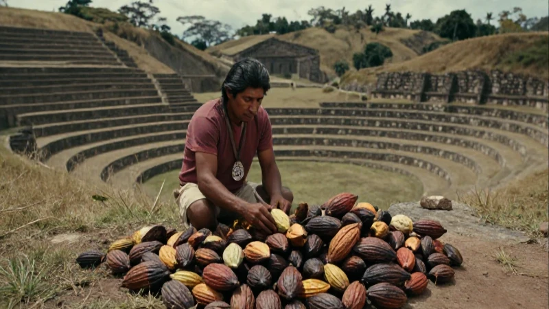 Agricultor mesoamericano cosecha cacao ancestral