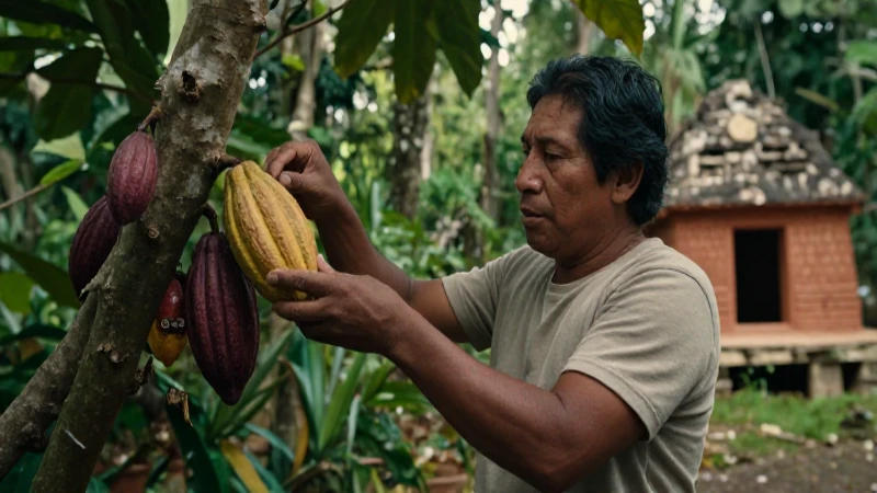 Campesino Mesoamericano cultiva cacao en el bosque antiguo