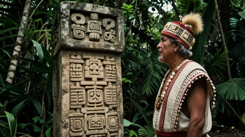 Anciano observando estelas mayas en ruinas selváticas