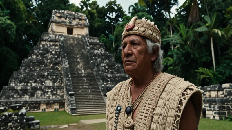 Hombre maya en ruinas de selva antigua