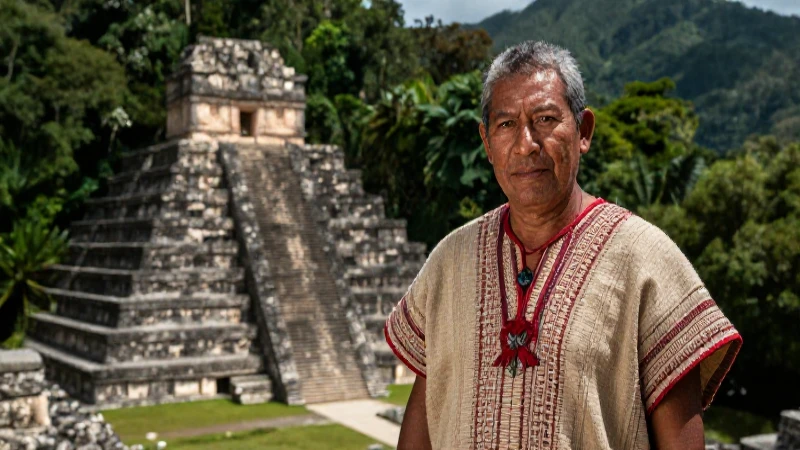 Hombre Maya en ruinas con selva, fotografía épica