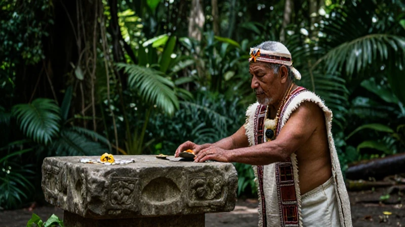Anciano Cakchiquel rinde ofrenda en altar ancestral