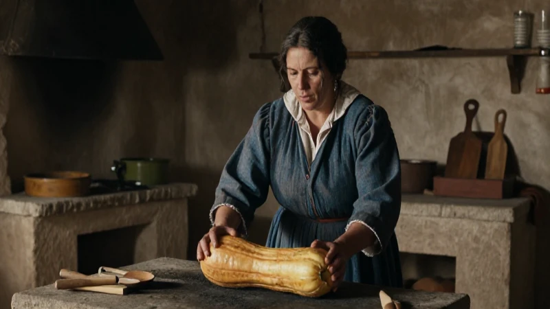 Mujer campesina cocina calabaza en España antigua