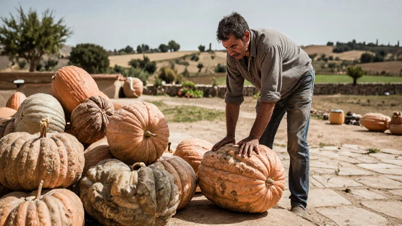 Granjero castizo cosecha calabazas en paisaje histórico