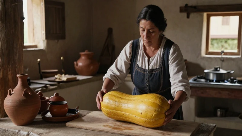 Campesina histórica preparando calabaza en cocina