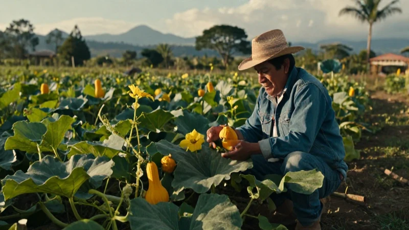 Nahua examinando calabaza en milpa