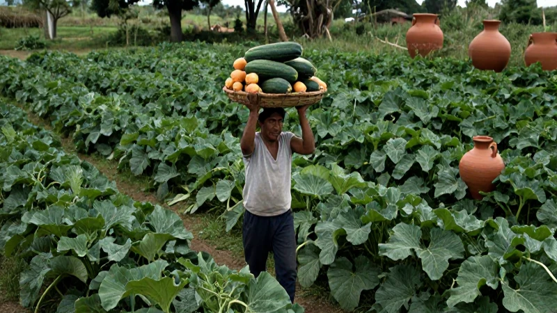 Campesino azteca con calabazas en Mesoamérica