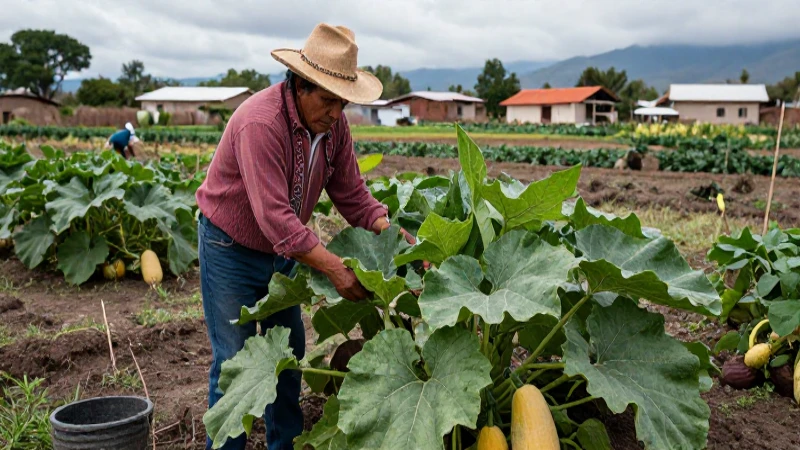 Agricultor náhuatl cuida calabazas en chinampas