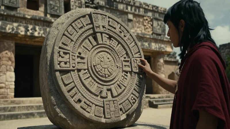 Sacerdote mexica examina antiguo calendario en templo