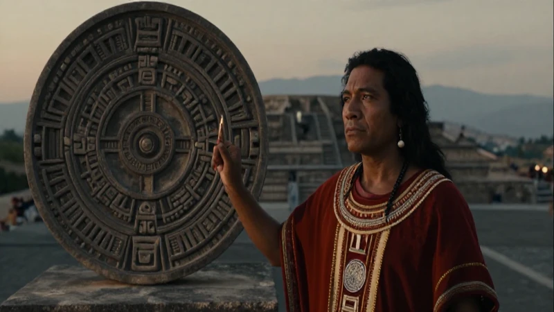 Sacerdote azteca y calendario en Tenochtitlan al atardecer