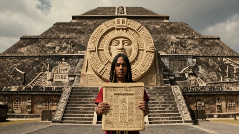 Sacerdote azteca con códice frente a la pirámide del Sol