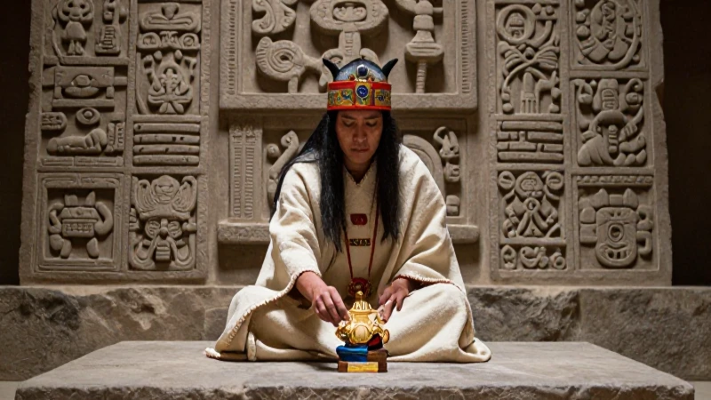 Sacerdote mexica realiza ceremonia en templo antiguo