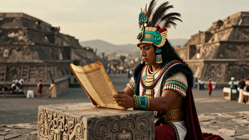 Sacerdote azteca estudia un codex antiguo en Tenochtitlan