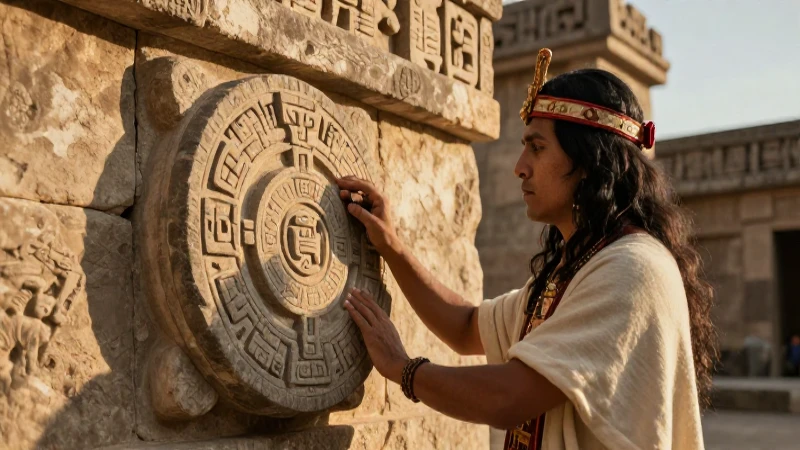 Sacerdote azteca estudia un calendario en arquitectura antigua