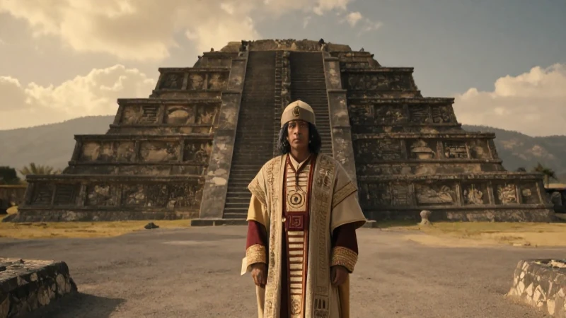Quieres descubrir la interesante zona arqueológica de Calixtlahuaca 34 Sacerdote Mexica ante pirámide histórica dorada
