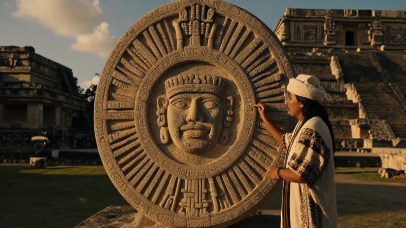 Azteca estudia la Piedra del Sol antigua