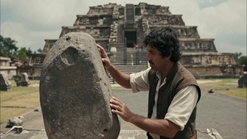 Arqueólogo examina monumentos aztecas en estilo documental