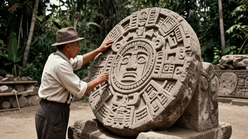 Arqueólogo examina la Piedra del Sol antigua
