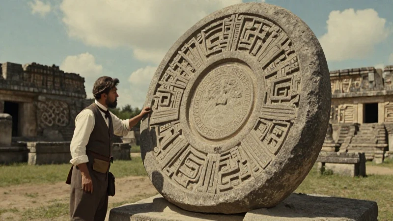Arqueólogo examina la Piedra del Sol antigua