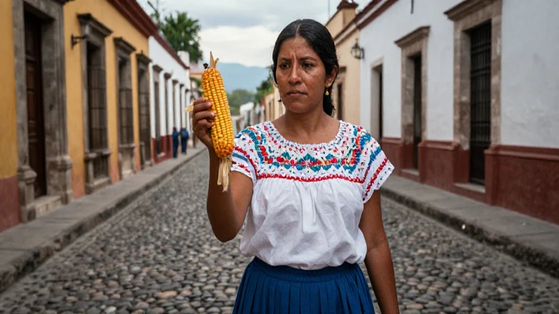Mujer colonial con el maíz en calle antigua