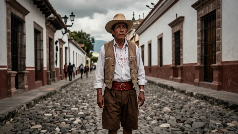 Indígena en calle colonial con atmósfera dramática
