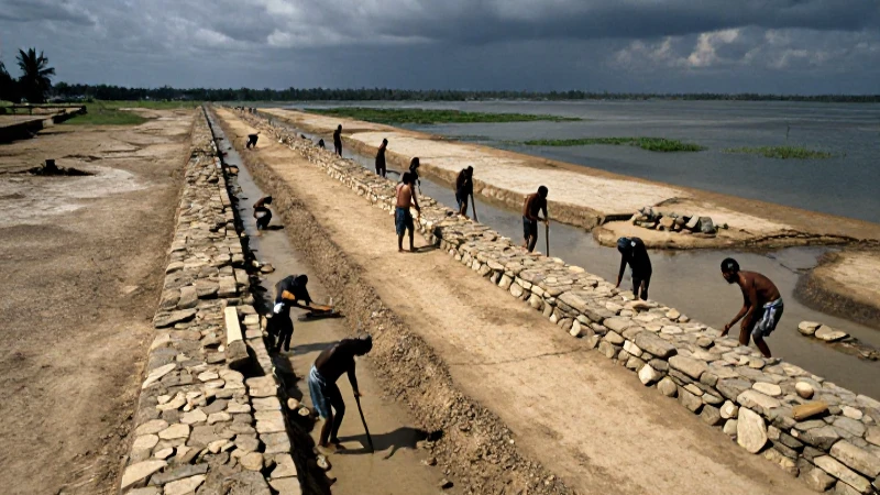 Constructores aztecas en el calzada del lago