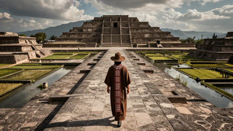 Mexica en Tenochtitlan, canal y templo azteca