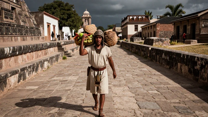 Mercader mesoamericano en calle antigua bajo luz dramática