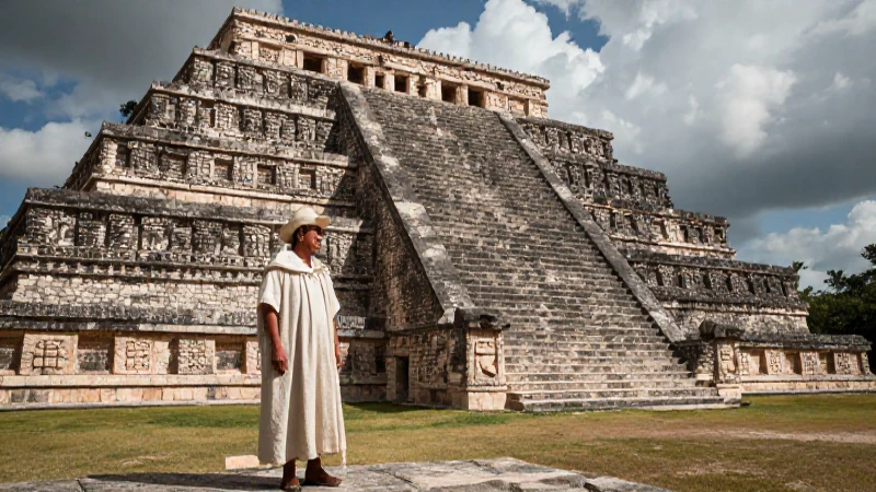 Ruinas mesoamericanas con figura histórica en Cantona