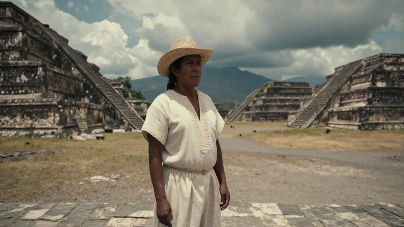 Trabajador mesoamericano ante antiguas pirámides