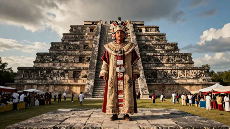 Dignatario mesoamericano ante pirámide antigua