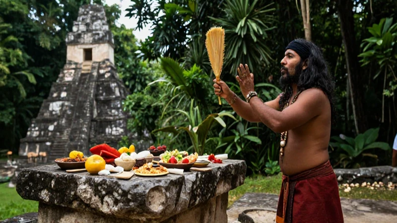 Sacerdote maya en Tikal con altar ritual