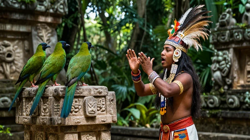 Sacerdote maya con headdress, ritual y quetzales