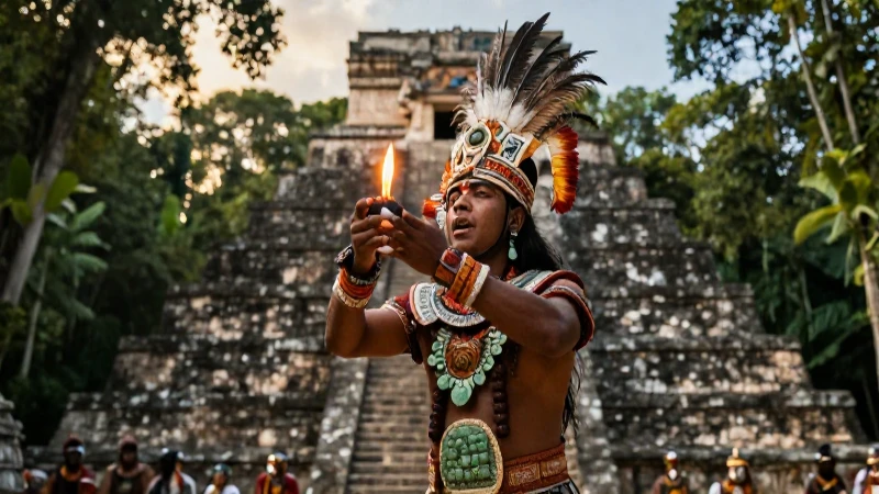 Sacerdote maya realizando ritual en pirámide antigua