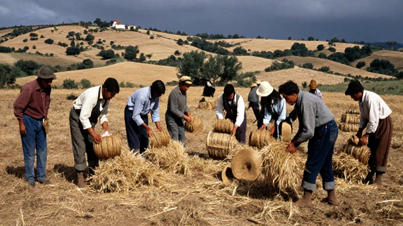 Campesinos españoles recolectan en seco con realismo histórico
