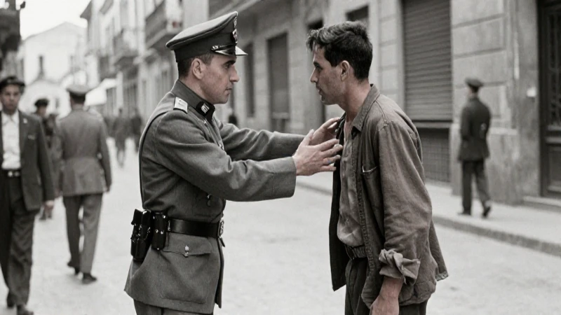 Oficial militar arrestando a un civil en la España de los años cuarenta